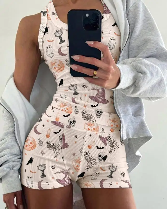 

Summer 2025 New 2-piece Pattern Printed U-neck Tank Top and Elastic Waist Shorts Set, Casual Ribbed Nightwear Set