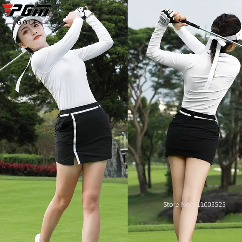 PGM Winter Autumn Golf Shirt Women Warm Velvet Long Sleeved Golf Clothing High Neck Slim Sports Tops Ladies Fitness Wear