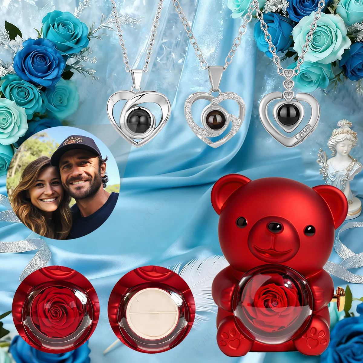 

Custom Color Photo Projection Pendant Necklace With Luxury Bear Rose Gift Box Valentine's Day Mother's Day Romantic Surprise New
