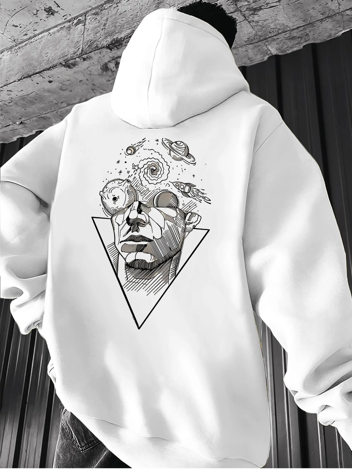 Cyber Universe Men's Line Art Print Fall/Winter Hooded Sweatshirt, American Streetwear, Loose-Fitting Casual Shirt