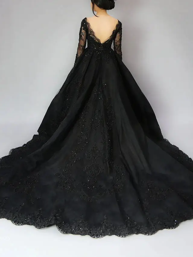 Black Princess Ball Gown Wedding Dress Sweep Brush Court Train Lace Long Sleeve Tulle V-Neck Sexy Birthday Party Evening Dress