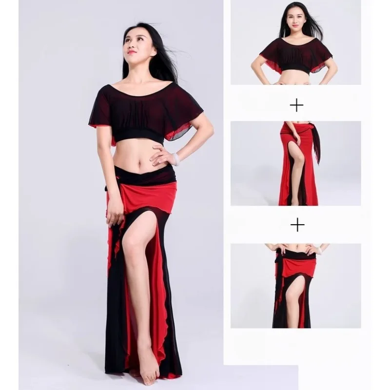 

customized belly dance set with water gauze on both sides sexy exposed navel high slit costume for adult women exotic dancewear