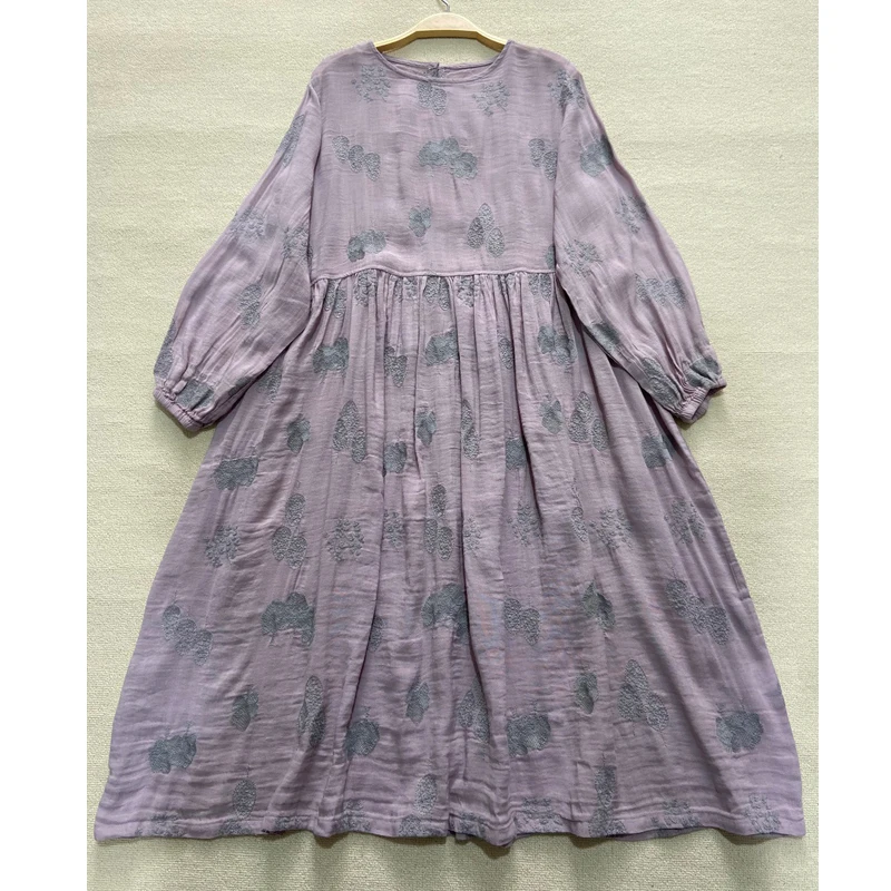 Johnature 2024 Summer New Japanese Linen Embroidery Floral Dress Women Vintage O-neck Loose Solid Color Female Dresses