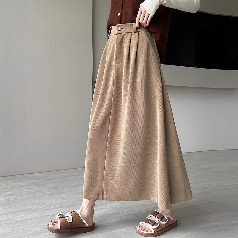 

College Style High Waisted Corduroy Midi Skirt For Women Autumn 2025 New Vintage A-Line Mid Length Skirt Large Size Saia W1092