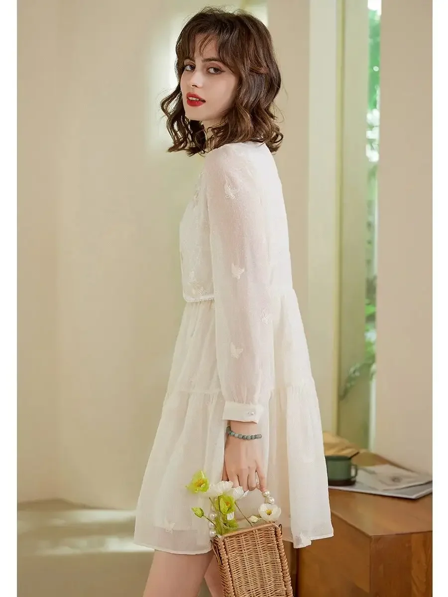 LOUIS YAO Women Dress 2024 Summer Round Neck Lace Long Sleeve Beading A-LINE Sweat Apricot Dress