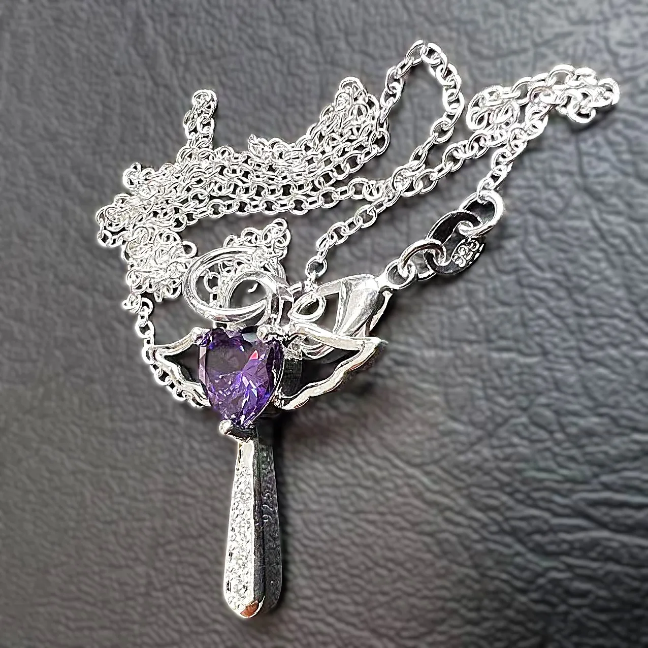Y2K Plated 925 Silver Latin Angel Wings Cross White Purple Zircon Crystal Pendant Necklace for Girls Women