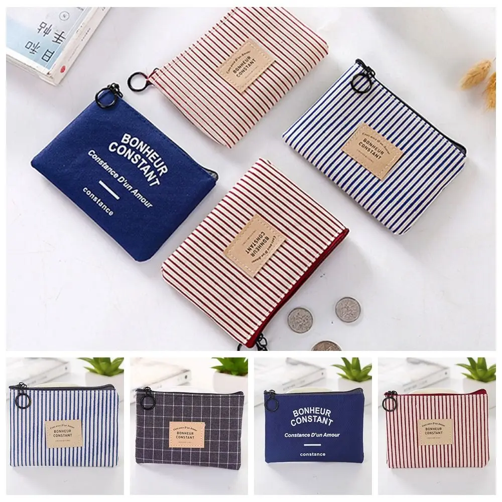 with Key Ring Square Stripe Print Coin Purse Small Mini Canvas Letter Wallet Case Zipper Lipstick Storage Bag Travel