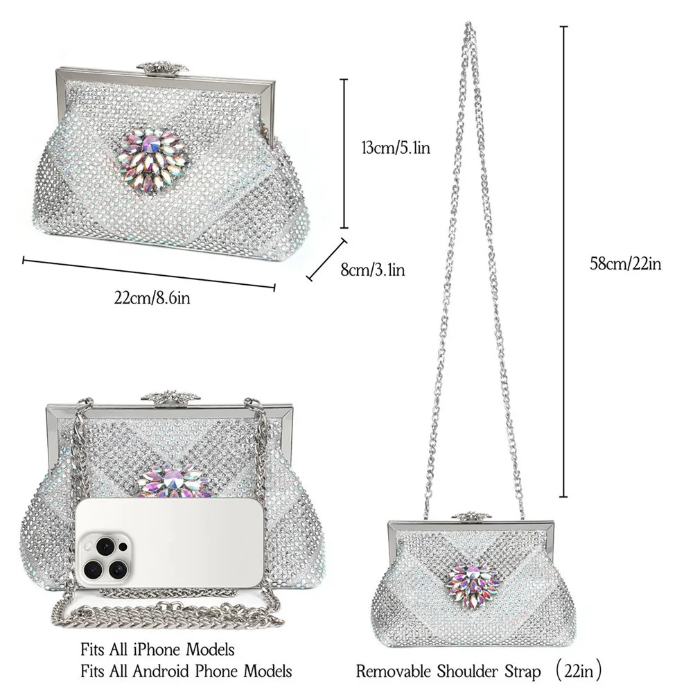 Vrouwen Luxe Strass Avond Clutch Tas Afneembare Ketting Bruiloft Portemonnee Prom Banket Handtas Vrouw Elegant Feest