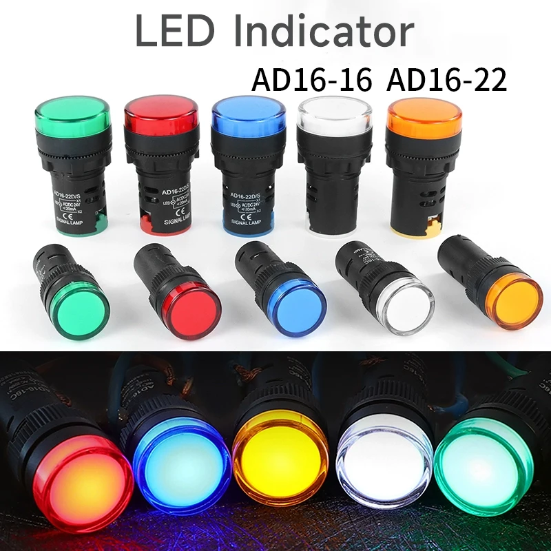 AD16-16 AD16-22 Panel Mount LED Power Indicator 12V 24V 110V 220V 380V 22mm Pilot Signal Light Lamp Red Blue White Green Yellow
