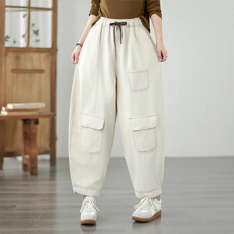 Casual Patchwork Elastic Waist Harlan Pants Multi ket  Color Long Trousers Large Size Loose Fit Cotton Blend Jeans