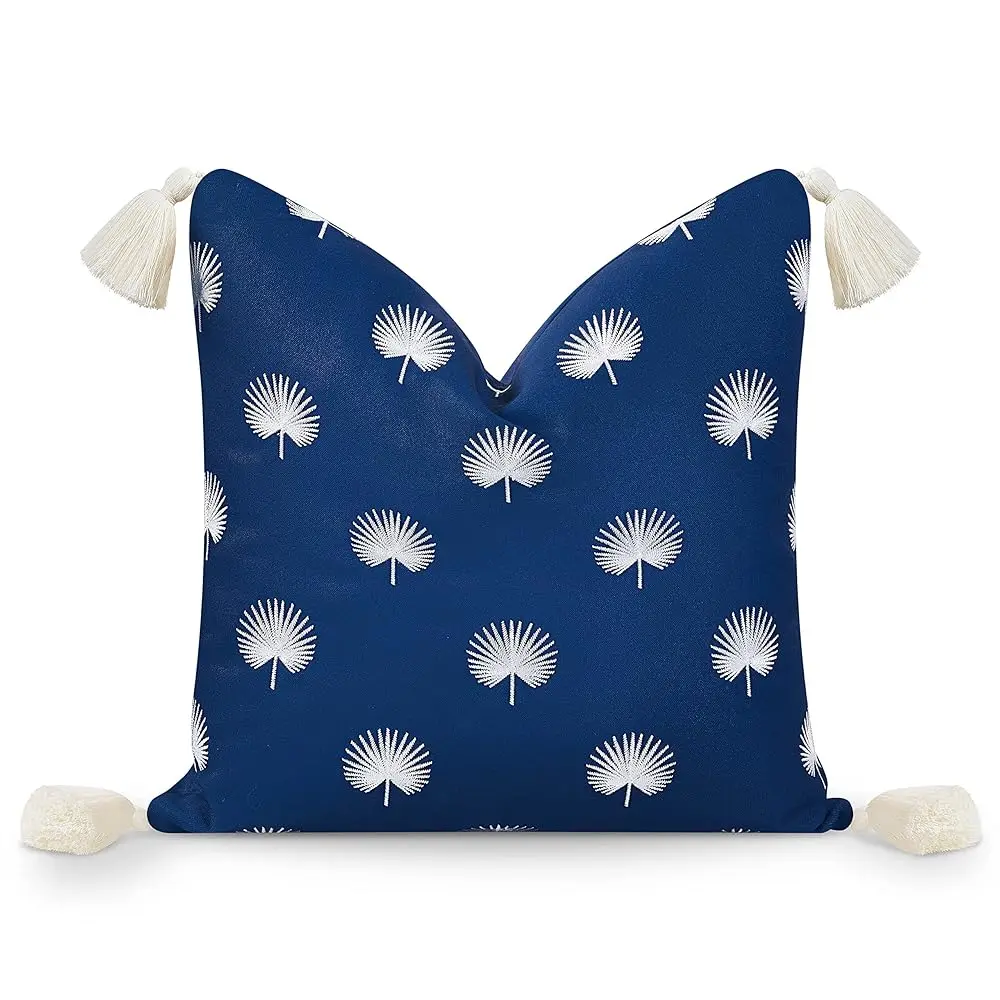 

Coastal Hampton Style Patio Indoor Outdoor Throw Pillow Cover Only, 18""X18"" Water Resistant For Backyard, Couch, Navy Blue