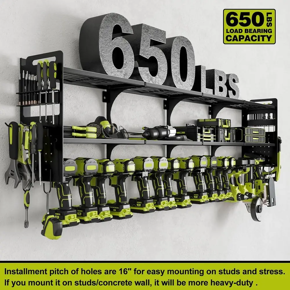 Power Tool Organizer Wall Mount, 16 Slots, 3-Tier Drill & Cordless Tool Storage Holder with Pegboard Sides, Tool Wall Organizer