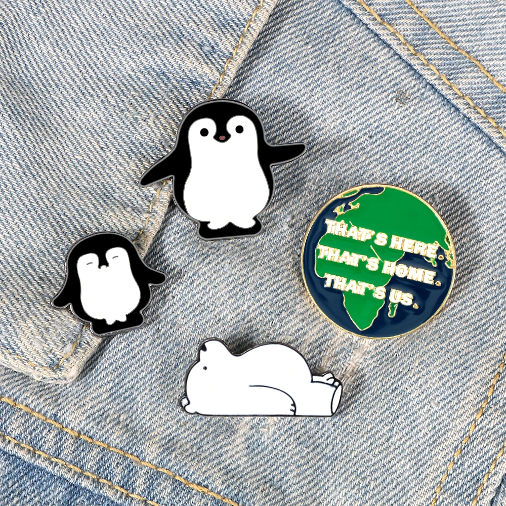 Cartoon Animal Enamel Pins Cute Penguin Polar Bear Brooches Protect Environment Earth Badges Bag Lapel Pin Fashion Jewelry Gifts