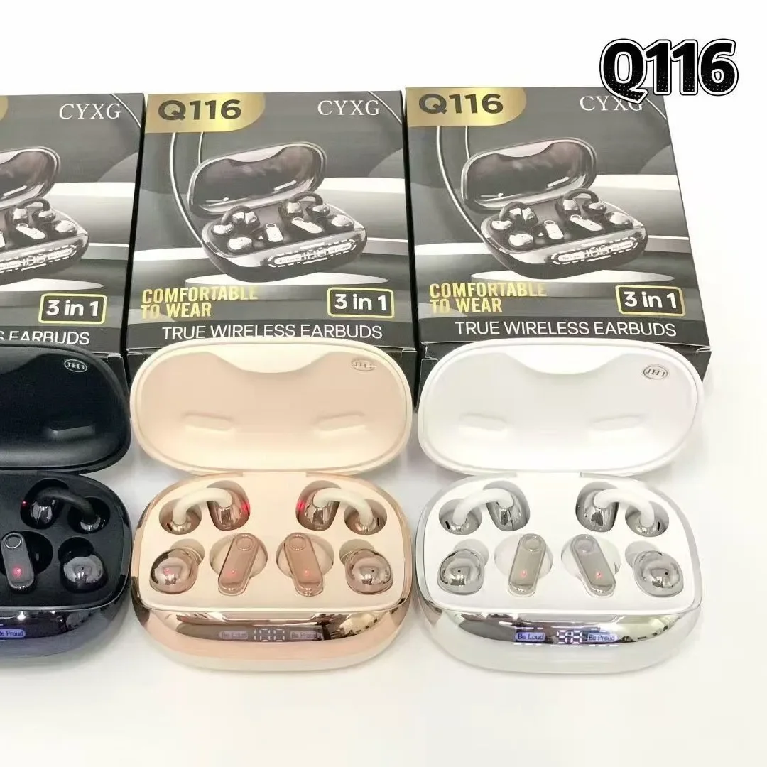 Q116 Three in One Wireless Bluetooth Ear Clip Headphones TWS Triple Earbuds Support Phone Reverse Charging HD Digital Display