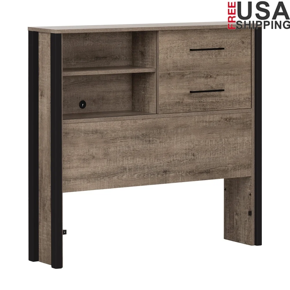 

Twin Bookcase Headboard with Adjustable Shelves Cord Management Sliding Door Storage Weathered Oak Matte Black Easy Assembly