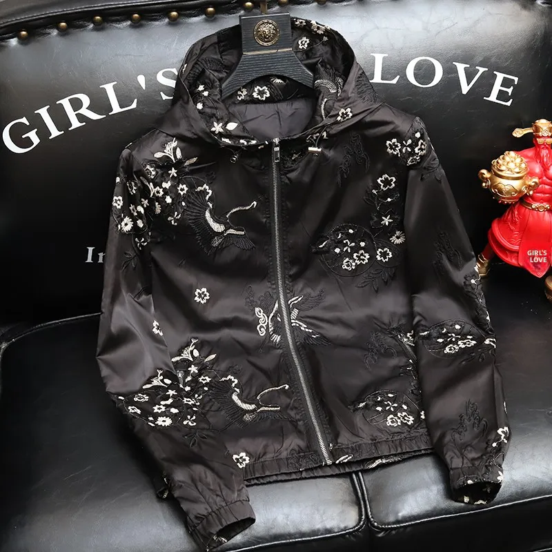 

Мужская повседневная куртка-худи на весну-осень 2024 года, новая, модная, с вышивкой в виде журавля, приталенная, с длинными рукавами, для молодежи