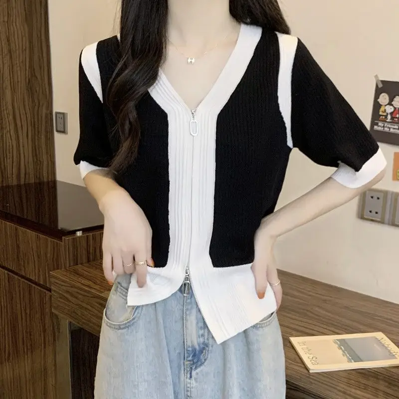 Patchwork Short Sleeve Zipper Temperament Simplicity V-neck Solid Blouses Spring Autumn Thin Fashion Casual New Women's Clothing