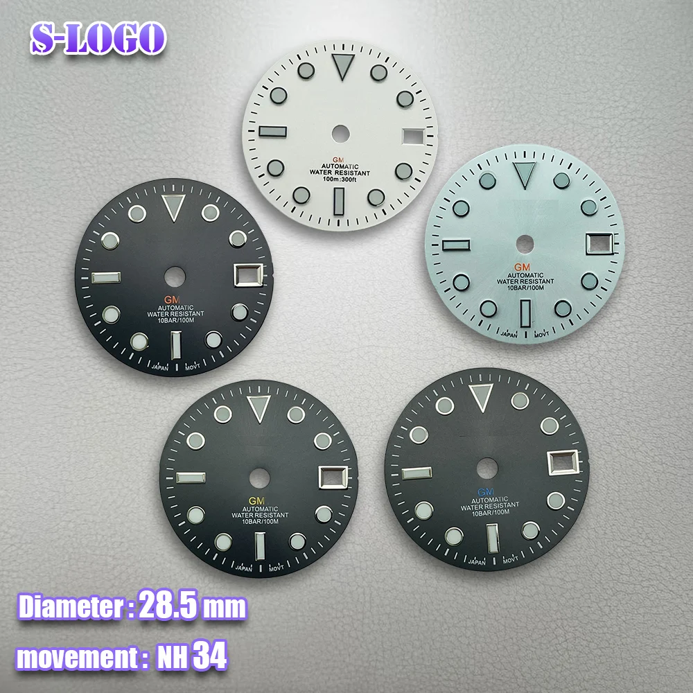 28,5 mm S-Logo NH34 GMT-Zifferblatt, weißes Zifferblatt, geeignet für NH35-Uhrwerk, eisblaue
