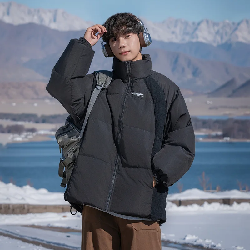 Corduroy Patchwork Winter Jacket Men Windproof Embroidery Street Wear Outerwear  Men Clothing Stand Collar Down Parka AU-246