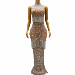 Luxurious Crystals Fringes Chain Rhinestones Stretch Dress Birthday Celebrate Outfit Evening Dance SInger Performance Dress