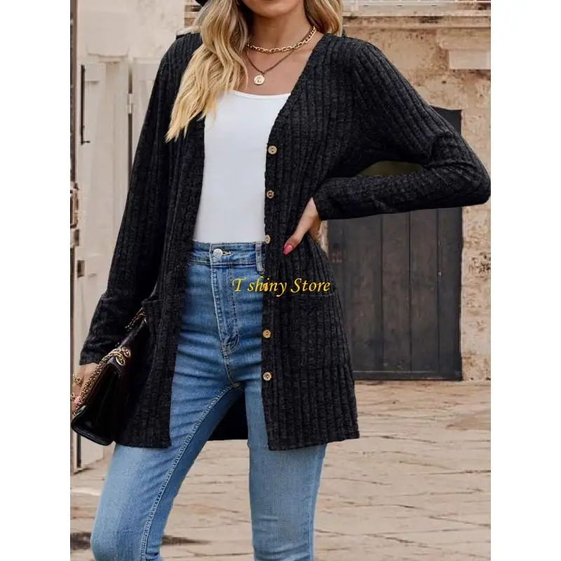 N58F Women's V Neck Button Down Knitwear Long Sleeve Soft Knit Cardigan Sweater Fall Winter Cardigan Sweater Short Coat