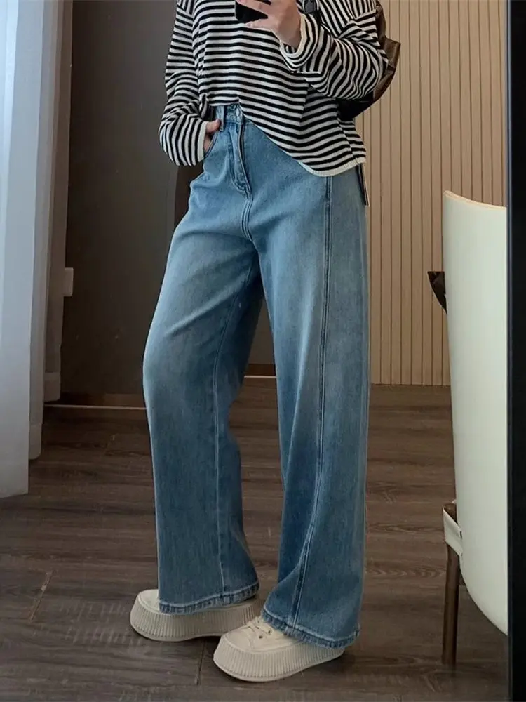 

Модные утягивающие прямые джинсы с высокой талией, женские свободные широкие брюки, повседневные длинные брюки, весенний сезон