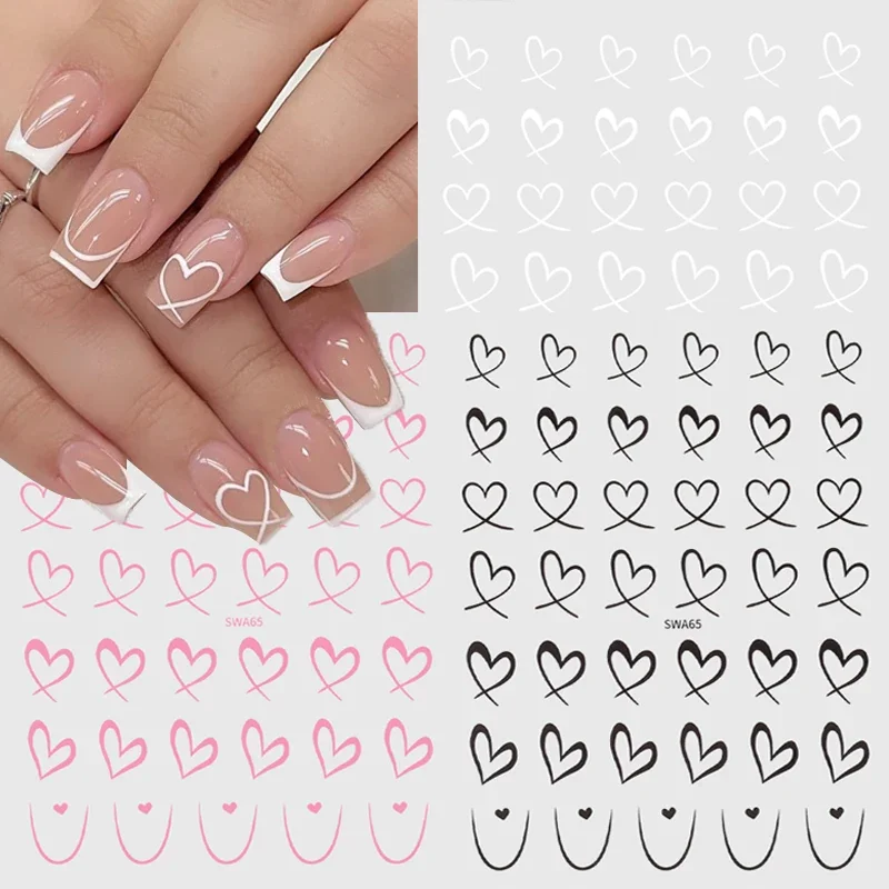 

Lines Love Heart Nail Stickers 3PCS Black White Pink Heart Nail Decals DIY Valentine's Day Adhesive Slider Manicure Decorations