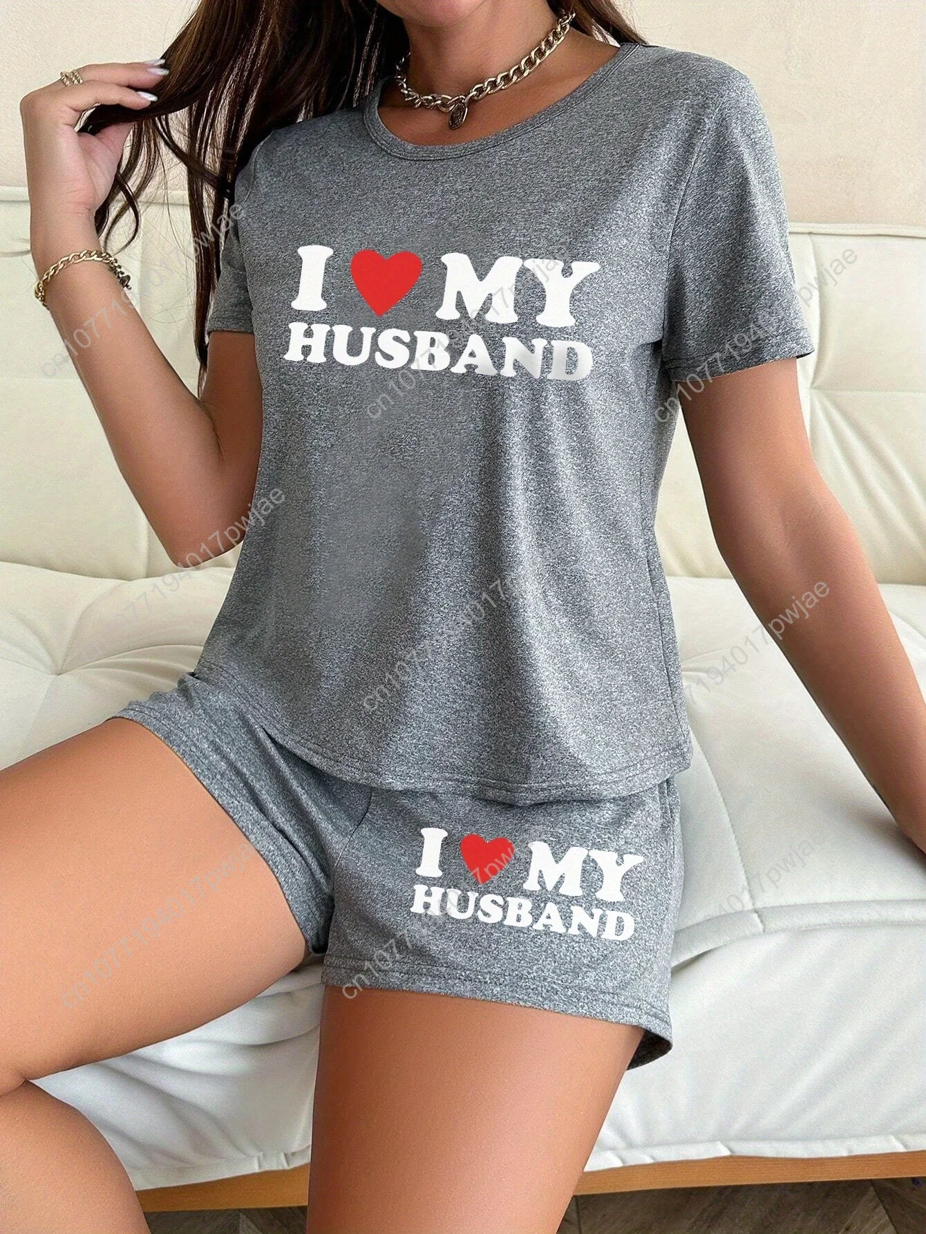 

Женский пижамный комплект с короткими рукавами и принтом «I Love My Husband» — повседневный с круглым вырезом, короткая длина, всесезонный комфорт, повседневная одежда,