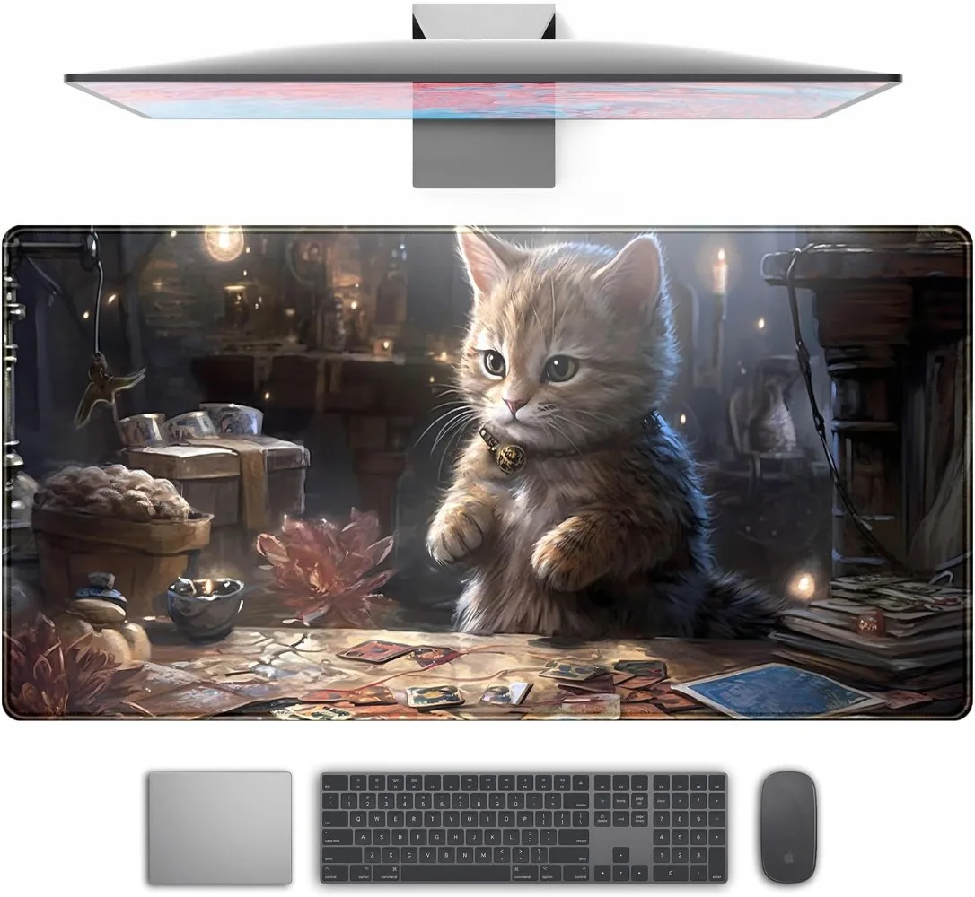Lotus Cat Extended Large Gaming Mouse Pad Black Magic Gaming Desk Mat Computer Laptop Keyboard and Mouse Mat Desktop Protector