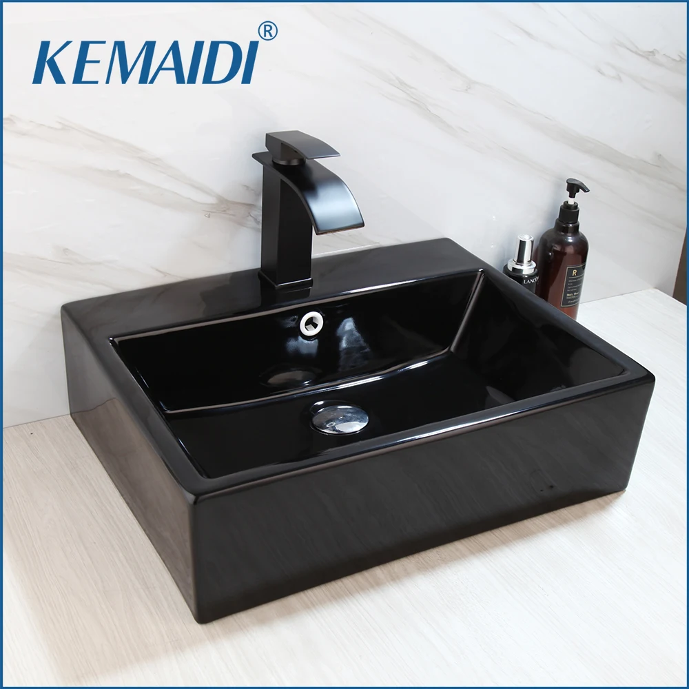 

KEMAIDI Bathroom Ceramic Sink Washbasin with Waterfall Faucet Bathroom Vessel Sinks Above Counter Big Sinks for Bathroom Tap