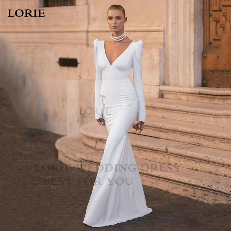 

LORIE Matte Satin Ivory Mermaid Wedding Dresses Deep V Neck Bridal Gowns Long Sleeve Floor Length Wedding Party Gowns 2024