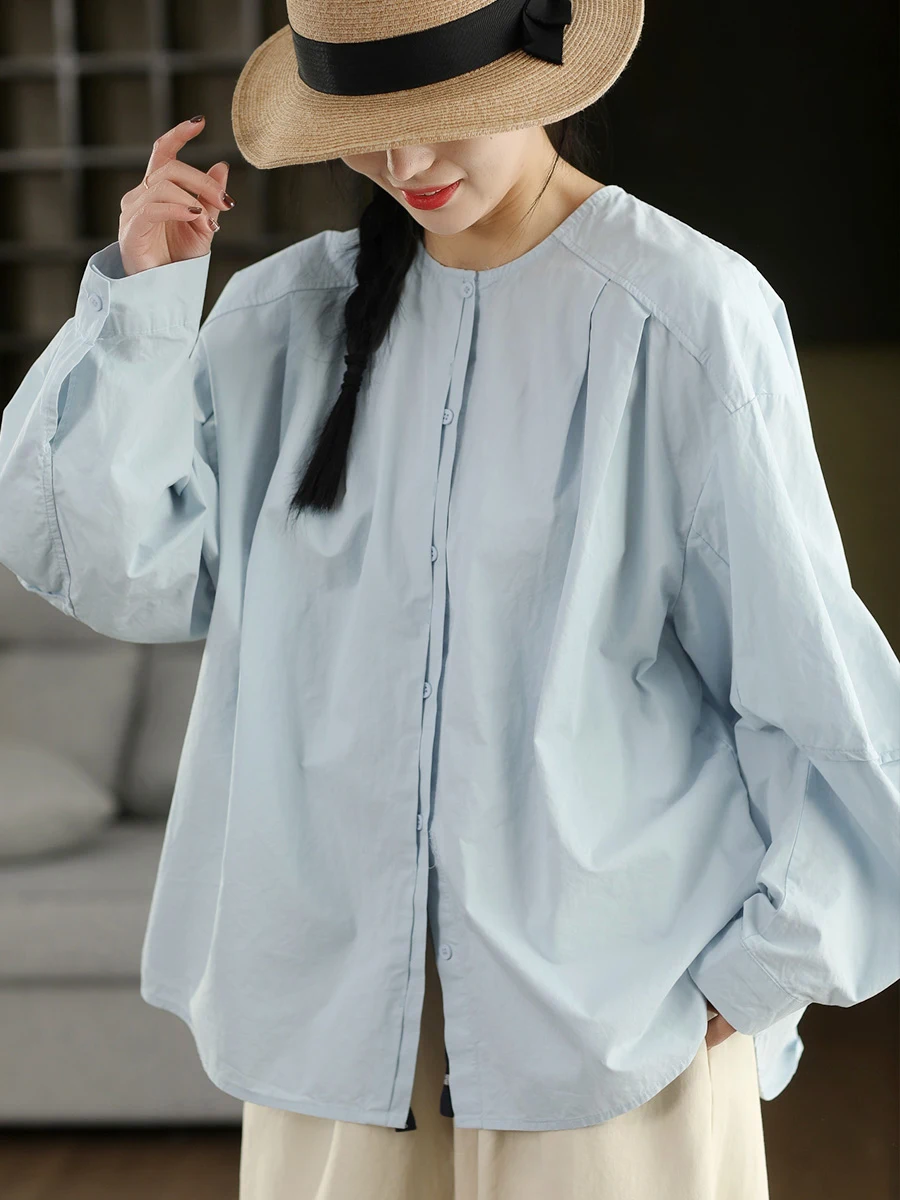 

Retro Hand Pleated 00% Cotton Long Sve irt Women's Spring Sle Loose Fit Breathable Comfortable round Ne Top