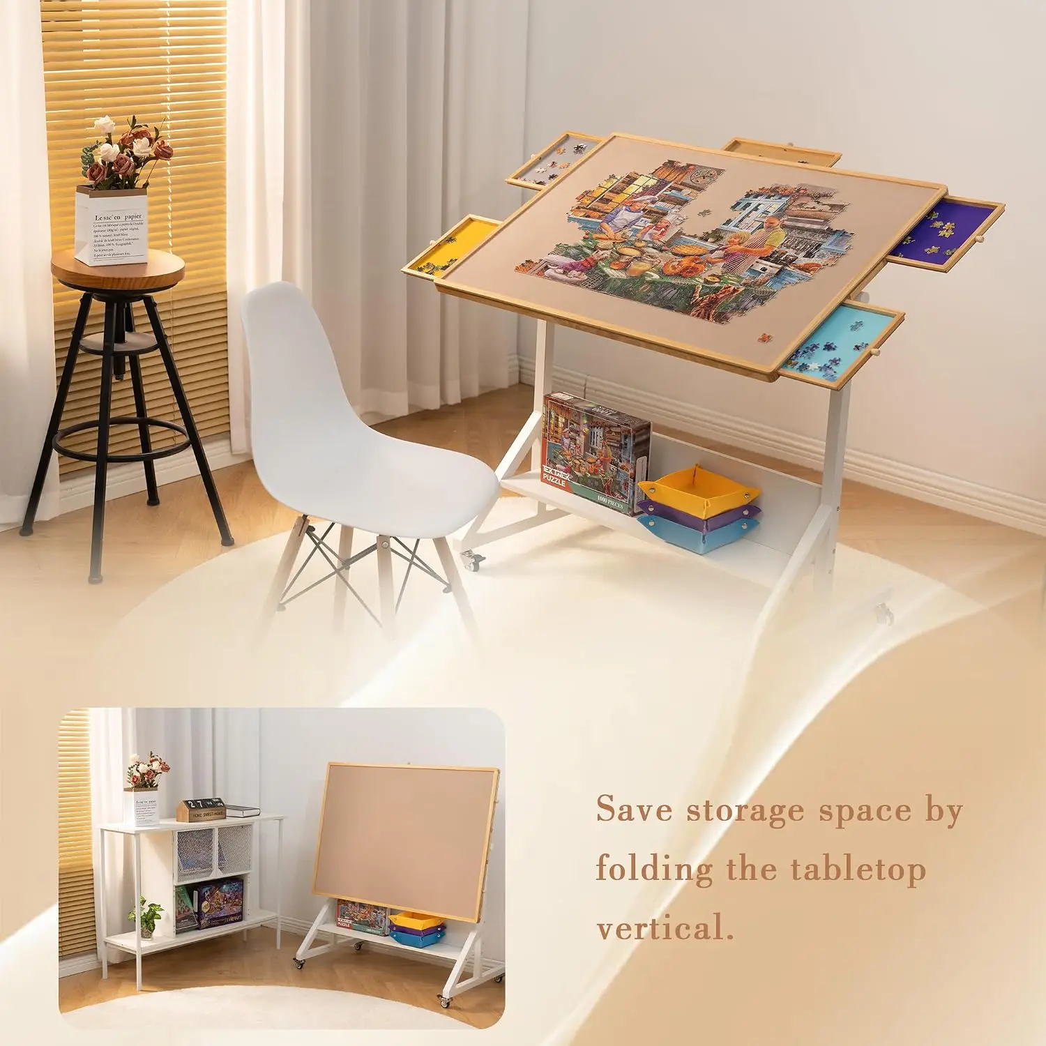 Tektalk Jigsaw Puzzle Table with Angle & Height Adjustment, Puzzle Easel with Cover & 5 Sorting Drawers, Tilting Board with Legs