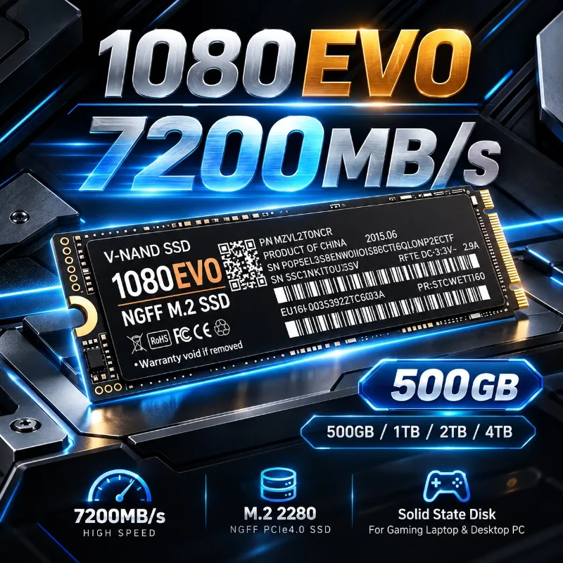 Internal 1080 EVO M.2 2280 NGFF SSD High Speed 7200MB/s PCIe4.0,500GB/1TB/2TB/4TB SSD for Laptop,Desktop PC & Gaming Storage
