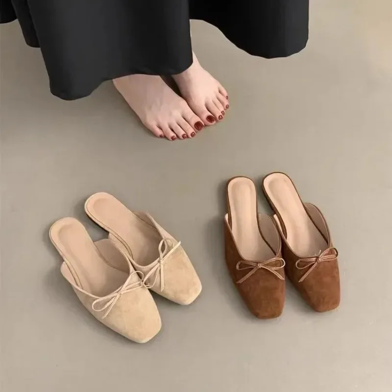 Comemore New Women Mules Shoes Slippers Butterfly-knot Comfort Casual Slip on Light Solid  Shallow Ladies Flat Slides Sandal
