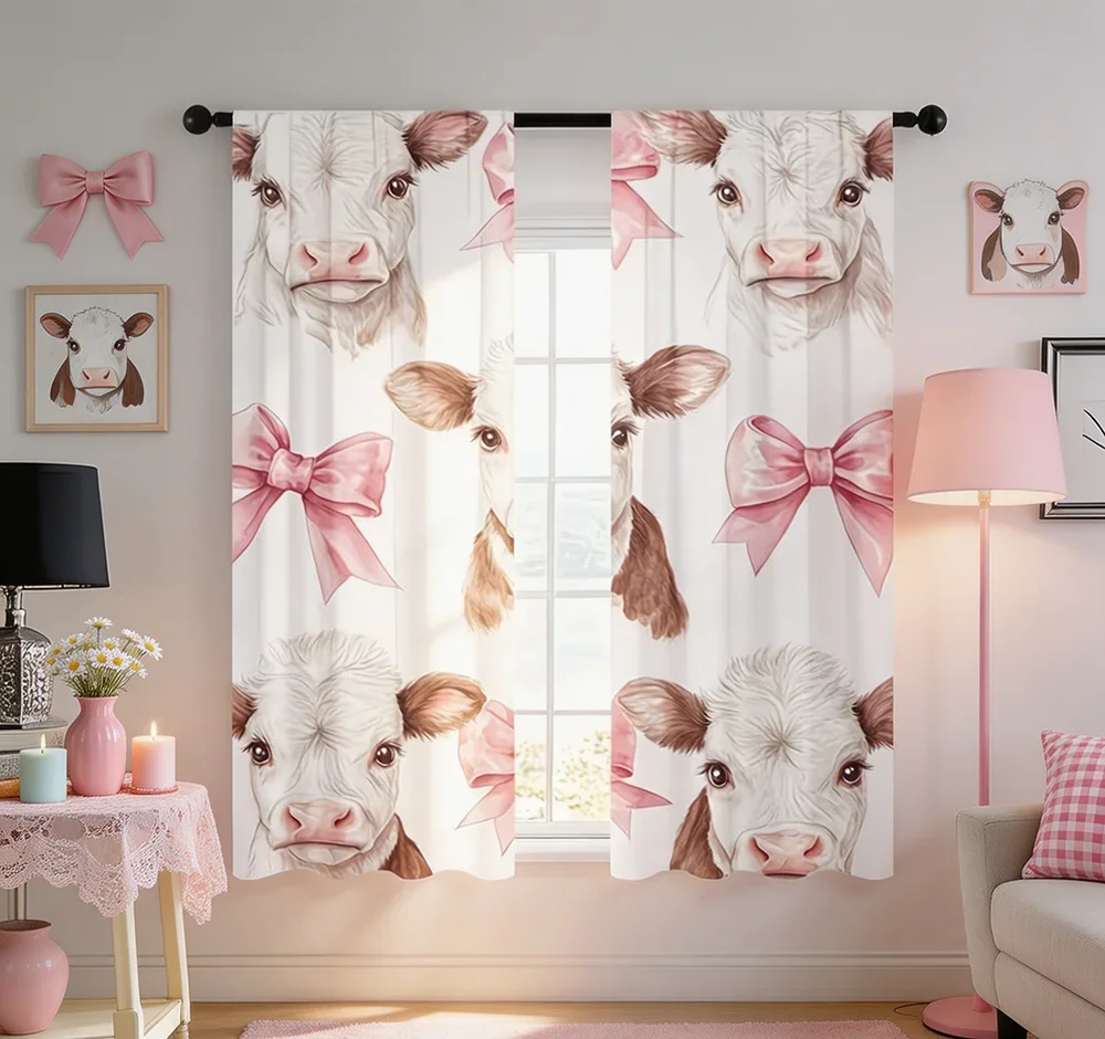 2PCS Digital Printed Curtains with Cute Cow Design, Stylish Window Drapes for Living Room Bedroom Home Decoration and Kitchen