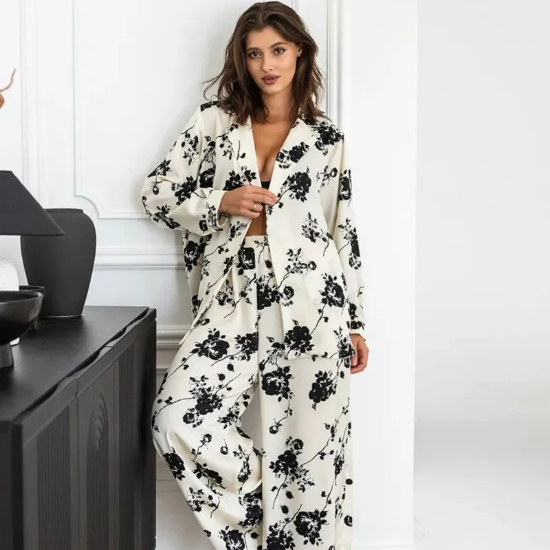 

2025 женские повседневные модные пижамы, новые осенние свободные брюки с длинными рукавами с принтом, 2 шт., удобная одежда для дома, уличная одежда