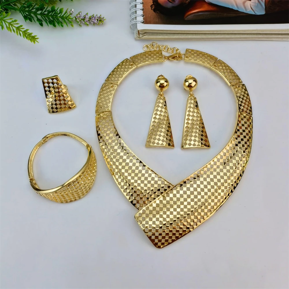 

EMMA Fashion Woman Jewelry Set New Big Italian Design Gold-color African Necklace Bracelet Ring Earrings Set