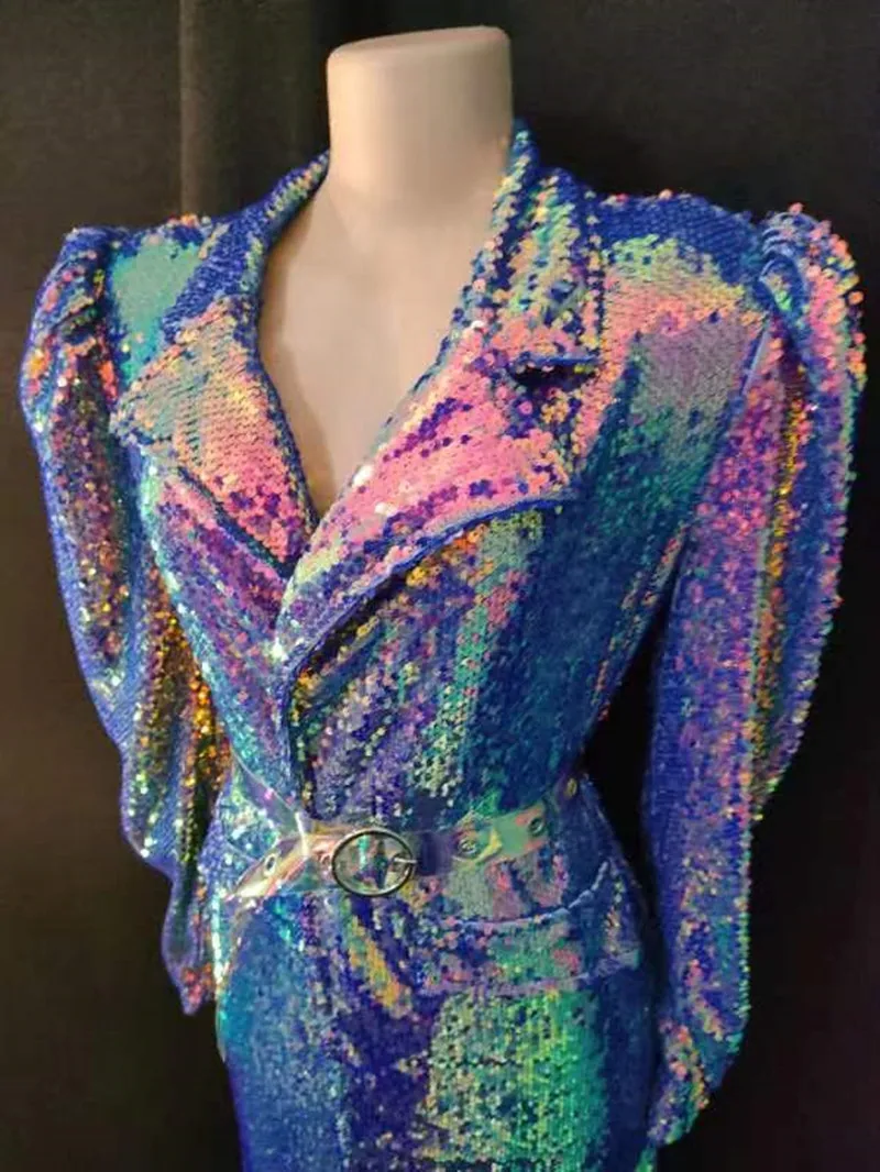 Bar Concert Stage Performance Glitter Sequins Long Coat Purple Blue Sequined Dress Cloak Nightclub Singer Drag Queen Costume