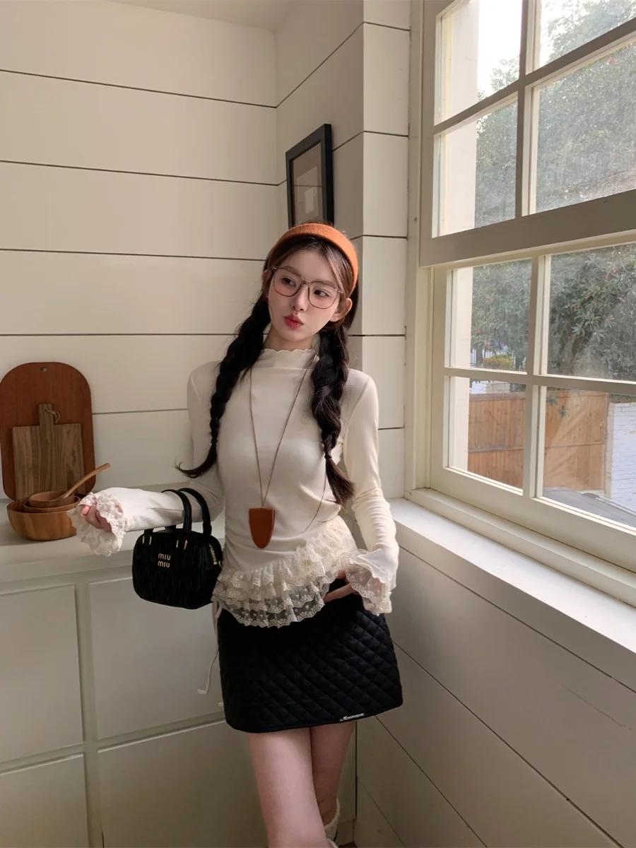 

MNANA Lace under irt Cotton Blend Layered Slim Fit High Collar Bla Skirt Faion Set for Young Women 8-25 Years Old