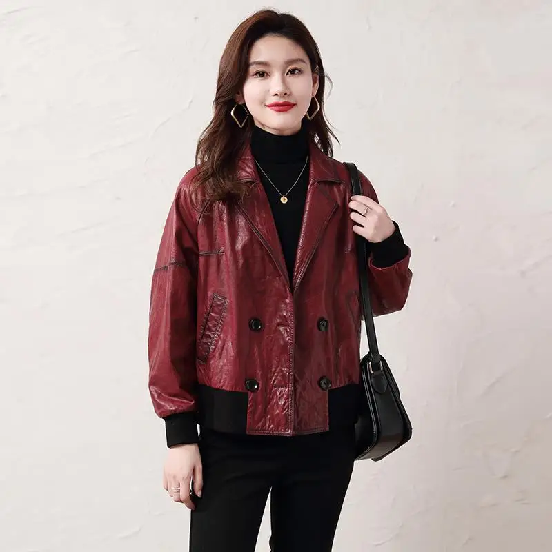 Women's Leather Jacket Suit Collar Double Breasted Burgundy Oil Wax Cow Leather Baseball Uniform Short Coat Giacca Pelle Donna