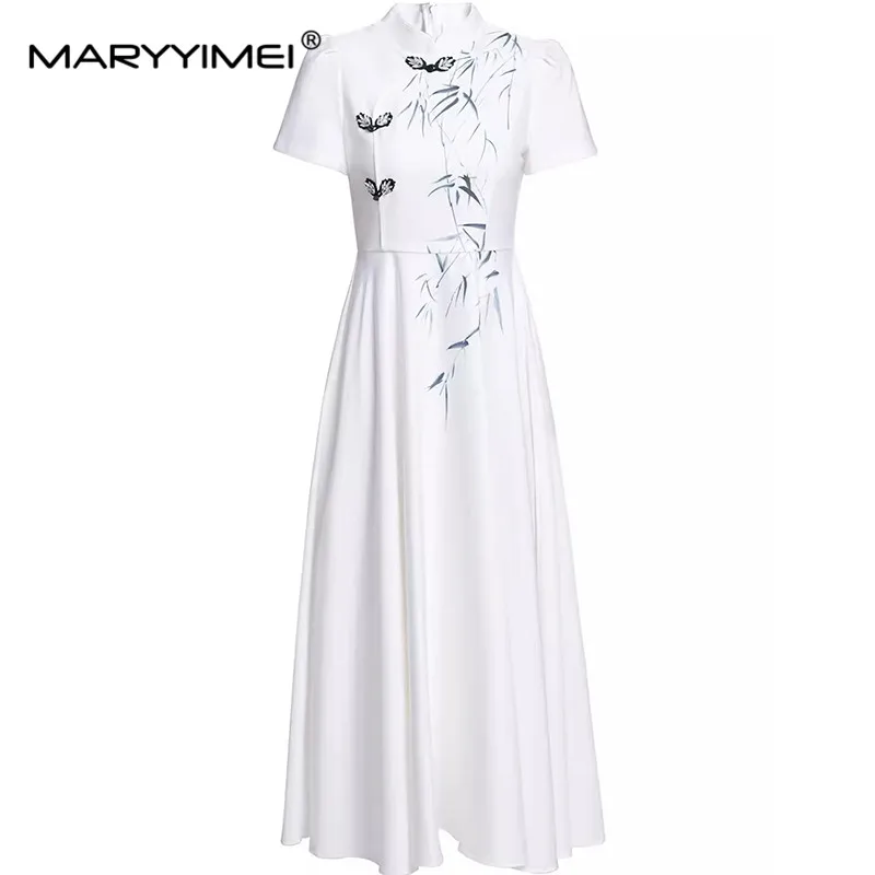 

MARYYIMEI Summer New Design Women's Dress Stand Collar Crystal Inlay Single-Breasted Vintage Print Chinese style Dresses