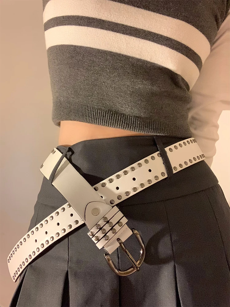 Retro Hong Kong Style Pure Color Punk Rivet Belt Women's Spring Summer 2026 Versatile High-End Feel PU Leather Belt Trendy