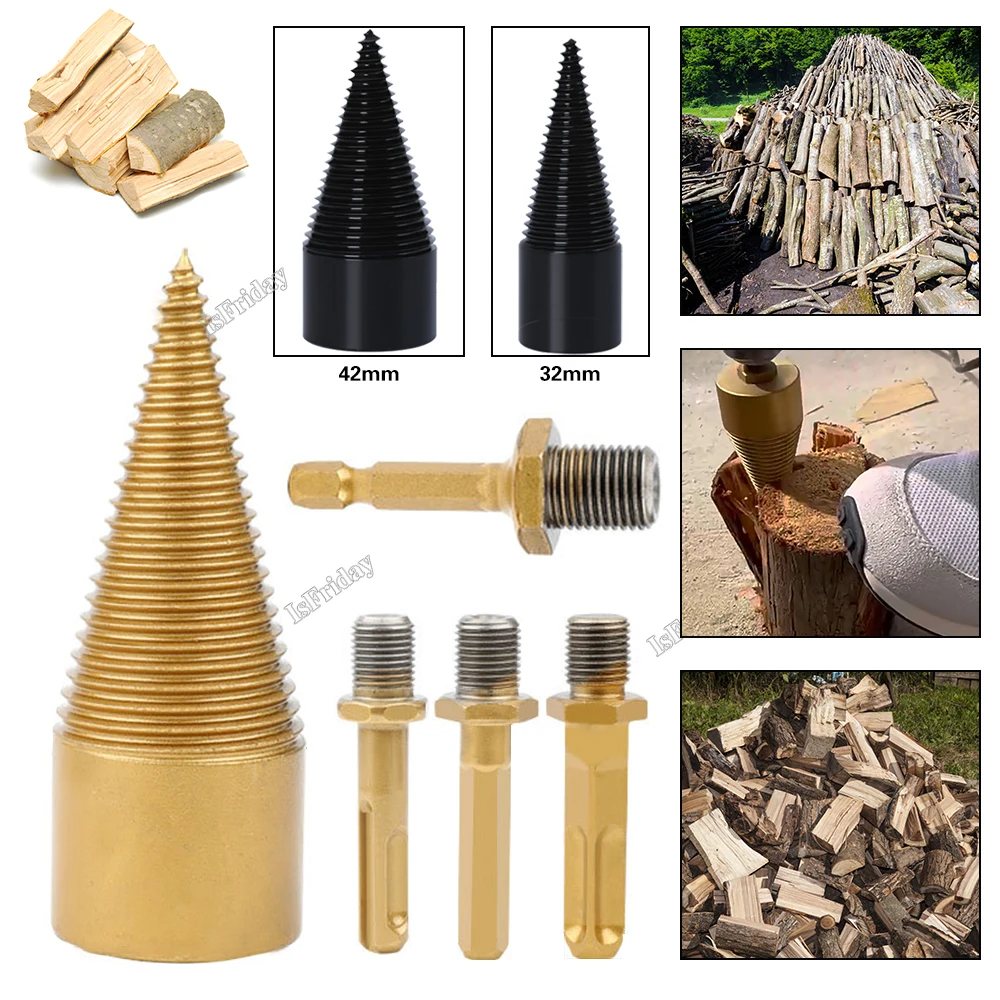 6pcs 32/42mm Firewood Splitting Drill Bit Wood Splitter Screw Cones Bit Square Round Hexagonal For Hammer Drill