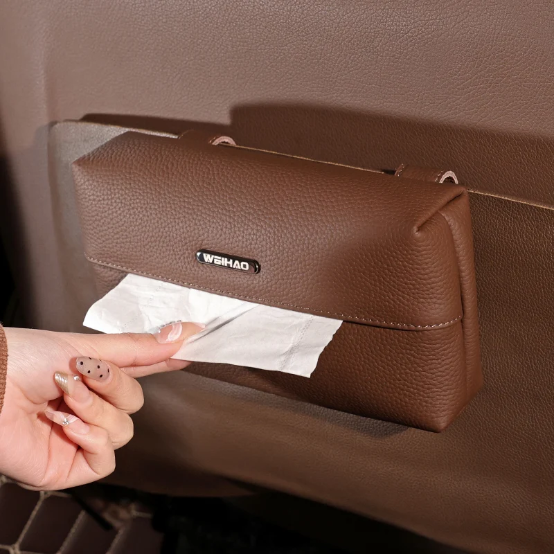 WeiHao Car Tissue Box Holder Leather Car Center Console Armrest Napkin Box Sun Visor Backseat Tissue Case with Fix Strap 2024