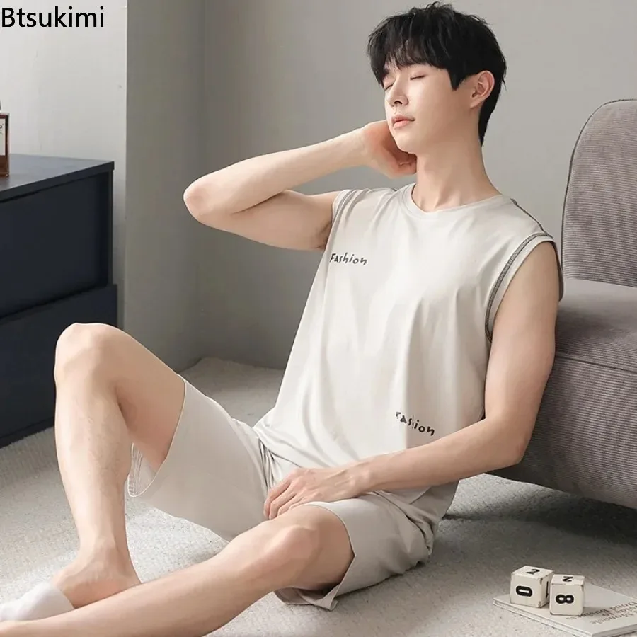 Modal Pajama Sets for Men Summer Sleeveless Tank Tops Shorts Home Casual Two-pieces Men Loose Loungewear Pijamas Suit Plus Size