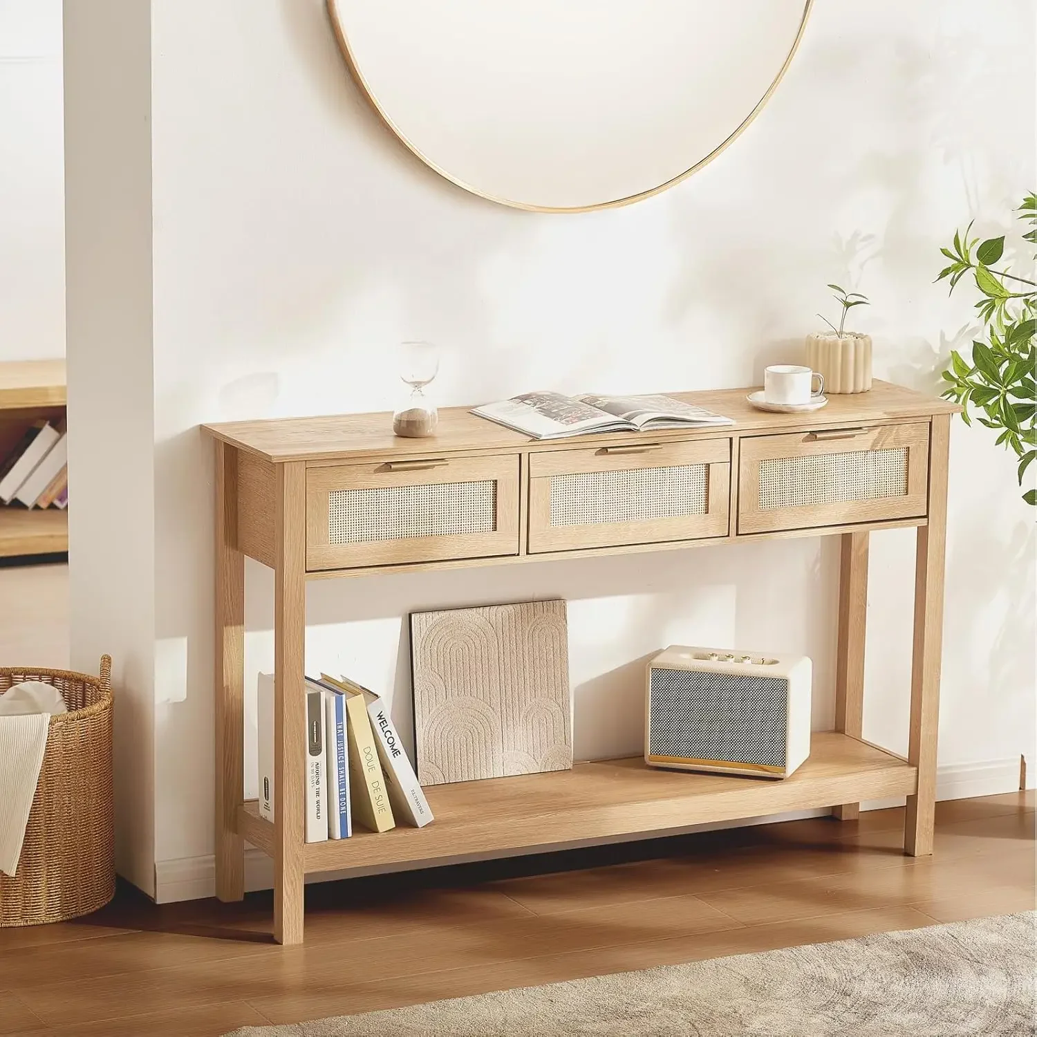 Rattan Console Table with 3 Storage Drawers, Rattan Entryway Table with Natural Rattan Sliding Door, Console Sofa Table