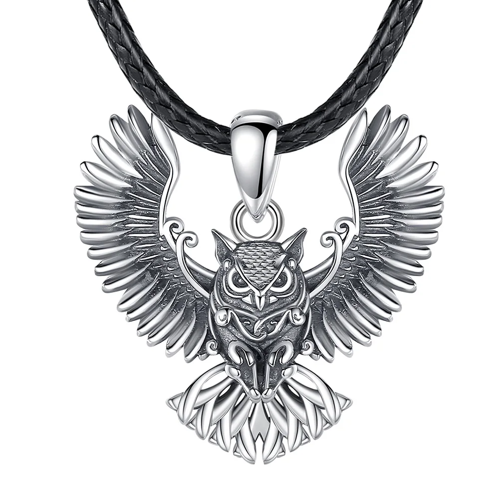 Eudora Echt 925 Sterling Silber Eule Halskette Tier Flügel Coole Anhänger für Männer Frauen Vintage-Schmuck Persönlichkeit Party Geschenk