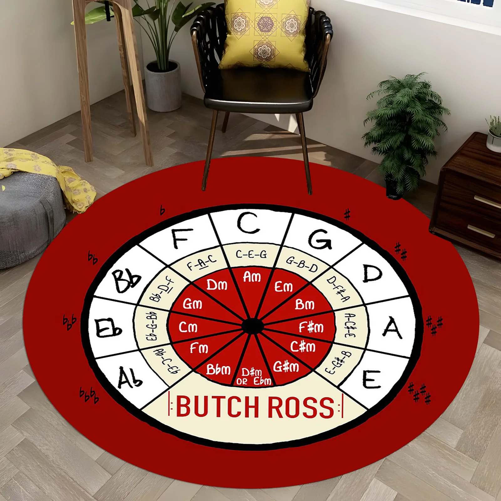 Butch Ross Circle of Fifths Round Rug Guitar Chord Wheel Design with Color-Coded Notes,Musician Home Decor,Non-Slip Practice Mat - view 2
