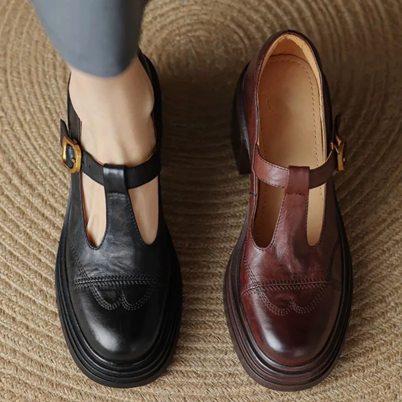 Chaussures Mary Jane en cuir lavé pour femmes, à bride en T, talon épais de 7 cm, plateforme confortable, usage quotidien, noir, marron, semelle en caoutchouc